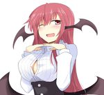  ;d bat_wings blush breasts bursting_breasts button_gap buttons chata_maru_(irori_sabou) cleavage collared_shirt commentary_request dress_shirt head_wings highres koakuma large_breasts long_hair long_sleeves looking_at_viewer low_wings one_eye_closed open_mouth popped_button red_hair shirt simple_background smile solo touhou underbust wardrobe_malfunction white_background white_shirt wings 