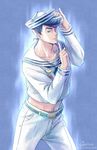  artist_name aura belt blue_background blue_eyes blue_hair cosplay crop_top dixie_cup_hat earrings hat heart higashikata_jousuke higashikata_jousuke_(jojolion) higashikata_jousuke_(jojolion)_(cosplay) index_finger_raised jewelry jojo_no_kimyou_na_bouken jojolion male_focus midriff military_hat navel pompadour sailor sailor_collar signature snonfield solo underwear watermark web_address 