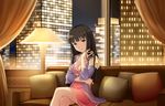  artist_request bangs black_hair blunt_bangs breasts brown_eyes city_lights cityscape cleavage couch crossed_arms dress idolmaster idolmaster_cinderella_girls idolmaster_cinderella_girls_starlight_stage kurokawa_chiaki lamp long_hair looking_at_viewer medium_breasts night night_sky official_art pillow sky smile solo 