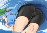  akanbe ass barefoot bent_over bike_shorts blue_background blue_eyes blue_hair cameltoe feet from_behind hair_bobbles hair_ornament hat iromeki_overdrive kawashiro_nitori looking_at_viewer looking_back puffy_sleeves shirt short_sleeves skirt skirt_set smile soles solo standing tongue tongue_out touhou two_side_up wading water 