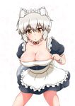  animal_ears apron bare_shoulders breasts cleavage collarbone commentary dress hitotsubashi_inari inubashiri_momiji large_breasts looking_at_viewer maid maid_apron maid_headdress open_mouth red_eyes short_hair silver_hair solo touhou wolf_ears wrist_cuffs 