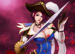  alternate_costume bad_id bad_pixiv_id blue_eyes breasts brown_hair choker cleavage fiora_laurent highres large_breasts league_of_legends light_smile lips looking_at_viewer musketeer musketeer_fiora petals qinglong_zaitian rapier rose_petals short_hair solo sword weapon 