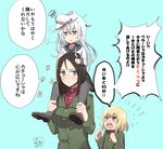  black_hair black_legwear blonde_hair blue_eyes carrying country_connection crossover flat_cap girls_und_panzer hammer_and_sickle hands_on_another's_head hat hibiki_(kantai_collection) kantai_collection katyusha long_hair military military_uniform multiple_girls nonna open_mouth pantyhose pravda_school_uniform raki_(kuroe) school_uniform short_hair shoulder_carry silver_hair speech_bubble sweat tears thought_bubble translated uniform verniy_(kantai_collection) white_hair 