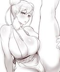  alternate_costume bare_shoulders breasts bun_cover chun-li cleavage double_bun highres huge_breasts leg_lift leg_up looking_at_viewer monochrome naso4 parted_lips pelvic_curtain short_hair simple_background solo street_fighter street_fighter_iv_(series) thick_thighs thighs white_background 