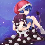  blue_eyes blue_hair book doremy_sweet dress from_behind hat looking_at_viewer looking_back monrooru multicolored multicolored_clothes multicolored_dress nightcap pom_pom_(clothes) short_hair sitting solo tail tapir_tail touhou 