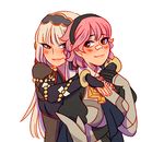  2girls armor bandaid bandaid_on_nose blush couple fire_emblem fire_emblem_if grey_hair hairband headdress hug hug_from_behind kamui_(fire_emblem) koiwaii_babufish multiple_girls my_unit_(fire_emblem_if) nintendo pink_hair shara_(fire_emblem_if) smile upper_body yuri 