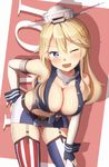  ;d ass_visible_through_thighs bangs belt bent_over blonde_hair blue_eyes blush breasts buttons character_name cleavage cowboy_shot downblouse eyebrows eyebrows_visible_through_hair front-tie_top garter_straps gloves hand_on_ass hand_on_own_ass hand_on_own_thigh headgear highres iowa_(kantai_collection) kantai_collection large_breasts long_hair looking_at_viewer maku_ro miniskirt mismatched_legwear navel one_eye_closed open_mouth panties pantyshot pantyshot_(standing) skirt smile solo standing star star-shaped_pupils stomach striped striped_legwear symbol-shaped_pupils thighhighs unbuttoned underwear vertical-striped_legwear vertical_stripes wrist_cuffs 