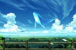  cloud day fantasy fence flying_whale grasslands landscape mocha_(cotton) original scenery sky tree whale wooden_fence 
