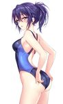  :o adjusting_clothes adjusting_swimsuit arched_back ass backless_outfit bad_id bad_pixiv_id bare_arms bare_shoulders blue_eyes blue_hair blue_swimsuit blush breasts competition_swimsuit cowboy_shot eyebrows eyebrows_visible_through_hair from_side gan_(shanimuni) hair_between_eyes hips looking_to_the_side mahou_shoujo_madoka_magica mahou_shoujo_suzune_magica medium_breasts one-piece_swimsuit open_mouth parted_lips purple_hair shion_chisato short_ponytail simple_background skin_tight solo standing swimsuit thighs tsurime white_background 