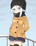 beanie black_legwear black_scarf blue_eyes coat hair_between_eyes hands_in_pockets hat hibiki_(kantai_collection) kantai_collection long_hair looking_at_viewer outdoors pleated_skirt rateratte scarf silver_hair skirt solo standing thighhighs zettai_ryouiki 