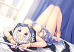  :o alpha_(alpha91) anklet bad_id bad_pixiv_id bangs bare_shoulders barefoot bed bed_sheet blue_eyes bracelet breasts curtains dutch_angle eyebrows eyebrows_visible_through_hair feet full_body highres indoors jewelry knees_up large_breasts looking_at_viewer lying nipples on_back on_bed original parted_lips silver_hair solo staff upside-down 
