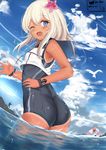  absurdres blue_eyes flower hair_ornament highres kantai_collection lifebuoy long_hair one_eye_closed ro-500_(kantai_collection) silver_hair slm smile solo swimsuit tan tanline 