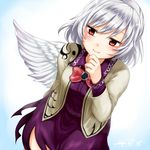  albino angel_wings bow brooch dress hand_on_own_chin jacket jewelry kishin_sagume long_sleeves monrooru open_clothes open_jacket purple_dress red_eyes silver_hair single_wing solo touhou white_hair wings 