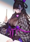  1girl bangs black_hair breasts calligraphy_brush cancer_(zjcconan) checkered_clothing double_bun fate/grand_order fate_(series) glasses hair_ornament hair_over_one_eye highres japanese_clothes large_breasts long_hair long_sleeves looking_down murasaki_shikibu_(fate) paintbrush red_eyes ribbed_sweater signature solo sweater very_long_hair 
