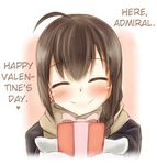  1girl ahoge alternate_costume box braid brown_hair eyes_closed gift gift_box hard_translated kantai_collection mittens ribbon scarf sekino_takehiro shigure_(kantai_collection) single_braid sketch smile solo translated valentine winter_clothes 