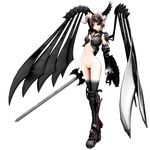  cross demon_horns full_body highres horns maeda_koutarou navel no_panties original solo sword thighhighs vocaloid weapon white_background wings 