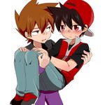  2boys blush child hat male_focus multiple_boys nekonekopunyann ookido_green pants pokemon satoshi_(pokemon) simple_background standing t-shirt white_background yaoi 