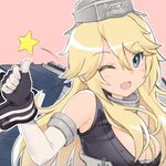  ;d bangs bare_shoulders blonde_hair blue_eyes blush breasts cleavage elbow_gloves gloves hair_between_eyes iowa_(kantai_collection) kantai_collection large_breasts long_hair mokyutan one_eye_closed open_mouth outline pink_background simple_background smile solo star thumbs_up tsurime 
