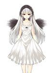  black_wings collarbone commentary_request doll_joints dress hairband lolita_hairband long_hair looking_at_viewer red_eyes rozen_maiden silver_hair solo suigintou tousen white_background white_dress wings 