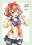  1girl ;d anchor_symbol blush bow brown_eyes brown_hair cardigan commentary_request fang fujishima_shinnosuke gift hair_bow hair_ornament hairclip hard_translated heart ikazuchi_(kantai_collection) kantai_collection looking_at_viewer neckerchief one_eye_closed open_mouth pointing pointing_at_self school_uniform serafuku short_hair skirt smile thighhighs translated valentine 