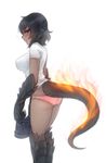  alternate_costume alternate_hair_color alternate_hair_length alternate_hairstyle black_hair blush breasts dark_skin dressing fiery_tail fire from_side head_fins holding_clothes large_breasts lizard_girl lizard_tail monorus monster_girl monster_girl_encyclopedia no_pants panties paws pink_panties profile red_eyes salamander_(monster_girl_encyclopedia) scales shirt short_hair short_shorts shorts simple_background solo t-shirt tail underwear white_background white_shirt 