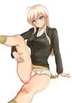 ahoge banned_artist blonde_hair blue_eyes commentary_request hanna-justina_marseille leg_up long_hair looking_at_viewer new_yukuyon panties sidelocks smile solo strike_witches underwear white_background white_panties world_witches_series 