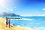  2boys armin_arlert beach blonde_hair blue_sky boots child cloud clouds eren_yeager landscape male_focus mountain moxue_qianxi multiple_boys ocean outdoors pants sand sea shingeki_no_kyojin shirt short_hair sky walking 