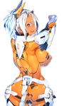  23_(real_xxiii) armor ass back bodysuit breasts covered_nipples dark_skin earrings highres impossible_clothes jewelry large_breasts looking_at_viewer orange_bodysuit original phantasy_star phantasy_star_online_2 silver_hair skin_tight smirk solo thigh_gap tongue tongue_out twintails yellow_eyes zelsius 