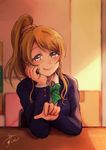  ayase_eli bangs blazer blonde_hair blue_eyes blurry bow bowtie classroom closed_mouth depth_of_field eyebrows eyebrows_visible_through_hair eyelashes hair_ornament hair_scrunchie hand_on_own_cheek head_rest highres implied_yuri indoors jacket long_hair long_sleeves looking_at_viewer love_live! love_live!_school_idol_project nail_polish otonokizaka_school_uniform pink_nails pointing ponytail red_lips school_uniform scrunchie smile solo striped striped_bow striped_neckwear suito swept_bangs upper_body 