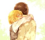  2boys armin_arlert blonde_hair blush child crying eren_yeager hug male_focus moxue_qianxi multiple_boys shingeki_no_kyojin short_hair simple_background tears 