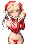  ass_visible_through_thighs bare_shoulders bell bell_collar bikini blonde_hair bottle breasts bridal_gauntlets christmas collar commentary condom condom_in_clothes condom_packet_strip condom_wrapper detached_collar flandre_scarlet hat highres hips imizu_(nitro_unknown) lips looking_at_viewer lotion_bottle lowleg lowleg_bikini lowleg_panties md5_mismatch medium_breasts navel older panties pointy_ears red_bikini red_eyes red_legwear revision santa_hat scrunchie side-tie_bikini side-tie_panties side_ponytail slit_pupils smile solo swimsuit thighhighs touhou underwear wings 
