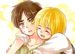  2015 2boys armin_arlert blonde_hair blush child dated eren_yeager eyes_closed hug male_focus moxue_qianxi multiple_boys shingeki_no_kyojin shirt short_hair simple_background sweat yaoi yellow_eyes 