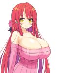  1girl bare_shoulders blush breasts cleavage huge_breasts long_hair looking_at_viewer red_hair shuz shuz_(dodidu) smile solo yellow_eyes 