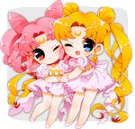  bad_id bad_pixiv_id bare_legs bishoujo_senshi_sailor_moon blonde_hair blue_eyes blush chibi chibi_usa crescent double_bun facial_mark forehead_mark long_hair multiple_girls one_eye_closed pikiru pink_hair princess_serenity red_eyes shoes short_hair skirt small_lady_serenity tsukino_usagi twintails watermark web_address white_footwear white_skirt 