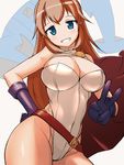  aegis_(nerocc) bare_shoulders belt blue_eyes blue_gloves breasts brown_hair cape charlotte_e_yeager cleavage cosplay dc_comics gloves grin hips large_breasts leotard long_hair power_girl power_girl_(cosplay) smile solo strike_witches thick_thighs thighs v world_witches_series 