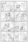  2girls 4koma :d aki_(girls_und_panzer) bbb_(friskuser) closed_eyes comic commentary eighth_note electric_guitar girls_und_panzer greyscale guitar hat highres instrument keizoku_school_uniform long_hair long_sleeves low_twintails mika_(girls_und_panzer) monochrome multiple_4koma multiple_girls musical_note open_mouth short_hair short_twintails smile spoken_exclamation_mark teeth top_hat translated twintails 