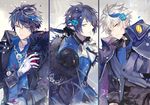  black_hair blue_eyes blue_flower blue_hair blue_rose blue_shirt bow chain ciel_(elsword) coat column_lineup demon_power_(elsword) dreadlord_(elsword) elsword expressionless flower gloves grey_background hair_flower hair_ornament loble male_focus messy_hair multicolored_hair multiple_boys multiple_persona pointy_ears rose royal_guard_(elsword) shirt streaked_hair two-tone_hair upper_body white_bow white_gloves white_hair 