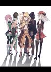  3girls alisa_ilinichina_amiella bare_shoulders black_footwear black_gloves black_hair black_legwear blue_eyes blush boots brown_hair cabbie_hat daiba_canon elbow_gloves fingerless_gloves gloves god_eater god_eater_burst grey_footwear hat highres long_hair looking_at_viewer multiple_boys multiple_girls navel open_mouth pink_hair plaid short_hair silver_hair simple_background skirt smile soma_schicksal suspenders tachibana_sakuya_(god_eater) thigh_boots thighhighs tomato_(lsj44867) white_background white_hair 