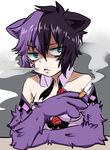  :&lt; animal_ears argyle argyle_gloves artist_request bare_shoulders bell between_fingers black_hair blue_eyes bow bowtie bowtie_removed cat_ears cheshire_cat_(monster_girl_encyclopedia) cigarette collarbone crossed_arms detached_collar elbow_gloves gloves highres holding jitome looking_at_viewer messy_hair monster_girl monster_girl_encyclopedia multicolored_hair paws purple_hair short_hair simple_background sketch smoking solo two-tone_hair upper_body white_background 