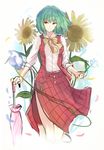  ascot closed_umbrella flower green_hair kazami_yuuka long_sleeves looking_at_viewer nakaichi_(ridil) open_clothes open_vest red_eyes shirt side_slit skirt skirt_set smile solo sunflower touhou umbrella vest 