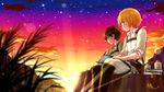  2014 2boys armin_arlert blonde_hair blush book boots bottle child dated eren_yeager grass male_focus moxue_qianxi multiple_boys outdoors pants shingeki_no_kyojin shirt short_hair signature sitting sky smile star sunset suspenders sweat 