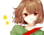  bad_id bad_twitter_id blood bloody_weapon blush brown_eyes brown_hair chara_(undertale) closed_mouth flat_chest flower_(symbol) green_shirt knife koyashaka looking_at_viewer parted_lips shirt signature simple_background smirk solo spoilers sweater undertale upper_body weapon white_background 