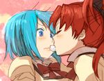  blue_eyes blue_hair blush bow bowtie food fukutarou_(enji127) hair_ribbon mahou_shoujo_madoka_magica marshmallow miki_sayaka mitakihara_school_uniform multiple_girls pink_background ponytail red_bow red_hair red_neckwear ribbon sakura_kyouko school_uniform sharing_food short_hair simple_background surprised sweater tareme upper_body wide-eyed yuri 