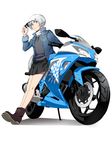  absurdres bad_id bad_pixiv_id blue_hair ground_vehicle highres kawasaki kurohane long_hair motor_vehicle motorcycle pleated_skirt rwby scar scar_across_eye simple_background skirt solo sunglasses weiss_schnee white_background white_hair 