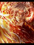  colorized fire fujiwara_no_mokou glowing glowing_eyes hair_ribbon letterboxed long_hair looking_to_the_side nakaichi_(ridil) open_mouth outstretched_arm pants red_eyes ribbon shirt silver_hair sketch smile solo torn_clothes torn_shirt touhou 