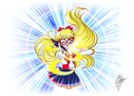  aino_minako anime_coloring bishoujo_senshi_sailor_moon blonde_hair blue_background blue_eyes blue_sailor_collar blue_skirt bow cowboy_shot crescent derivative_work elbow_gloves facial_mark forehead_mark gloves hair_bow half_updo long_hair looking_at_viewer magic magical_girl marco_albiero mask navel official_style one_eye_closed pleated_skirt red_bow sailor_collar sailor_senshi_uniform sailor_v signature skirt smile solo v white_gloves 