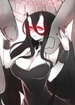  bare_shoulders battleship_hime black_hair black_nails breasts choker cleavage dress fuya_(tempupupu) giant_hand glowing glowing_eyes horns kantai_collection large_breasts long_hair looking_at_viewer monochrome nail_polish no_eyebrows red_eyes shinkaisei-kan size_comparison smile solo_focus spaghetti_strap teeth very_long_hair 