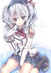  bad_id bad_pixiv_id blue_eyes blue_skirt character_name epaulettes gloves hat iyo_iyo kantai_collection kashima_(kantai_collection) looking_at_viewer pleated_skirt short_hair silver_hair skirt smile socks solo twintails white_gloves 