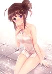  :3 ahoge bad_id bad_pixiv_id bangs breasts brown_hair closed_mouth collarbone covering dripping hair_bun hair_intakes holding idolmaster idolmaster_million_live! ima_(lm_ew) light_smile long_hair looking_at_viewer medium_breasts nude nude_cover purple_eyes revision see-through side_bun sitting smile soaking_feet solo thighs tile_floor tiles towel water wet white_towel yokoyama_nao 
