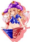  :o american_flag_dress american_flag_legwear bandaid bandaid_on_pussy bangs blonde_hair blush clownpiece fairy_wings frilled_shirt_collar frills hair_between_eyes hat jester_cap long_hair moura_(kenyuugetu) no_panties pantyhose pantyhose_pull polka_dot red_eyes shirt short_sleeves solo striped touhou very_long_hair white_background wings 